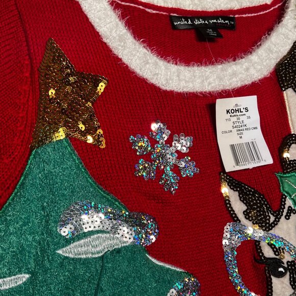 NWT M Christmas Sweater United States Sweaters Red Festive Tree Reindeer Orname - Picture 8 of 16